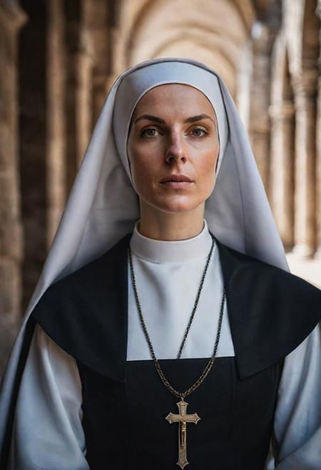 masterpiece, best quality, ultra highres, natural skin texture, brown hair, brown eyes, beautiful  30yo Nun of Monza (I Promessi Sposi), fierce expression, natural skin texture, ((1600's nun dress)), near a 1600 convent, Spring,  24mm, 8k textures, soft cinematic light, adobe lightroom, photolab, hdr, intricate, elegant, highly detailed, sharp focus, ((((cinematic look)))), soothing tones, insane details, intricate details, hyperdetailed, low contrast, soft cinematic light, dim colors, exposure blend, hdr, faded, full body, ((small eyes)), hyperealistic