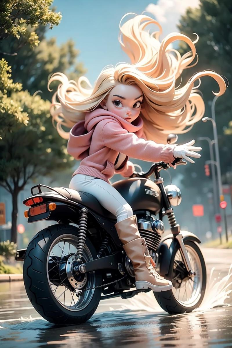 A Barbie doll riding a motorcycle with long blonde hair.
