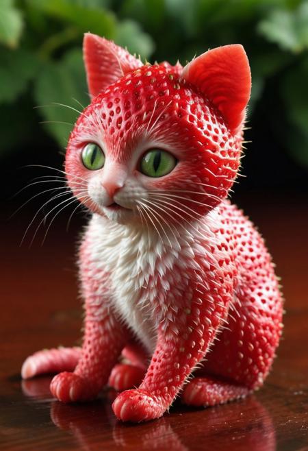Create an image of a whimsical creature that resembles a small Kitten and mouse with the texture and color of a ripe strawberry. The creature's body and face are covered in strawberry red, with characteristic seed-dotted skin. It has green leaf-like structures mimicking ears and a ruff around its neck, as if the top of a strawberry was placed on its head. This kitten-like entity has round, innocent eyes, a small pink nose, and delicate white whiskers. Its pose is seated, with one paw slightly raised as if it were about to take a gentle step, and its tail curls behind its body, appearing plump and strawberry-like as well. Surrounding the creature are actual strawberries of a similar shade of red and with green caps, scattered on a glossy wooden surface. In the soft-focused background, hints of indoor plants in shadows create an almost ethereal setting. The overall atmosphere is quaint and charming, evoking a sense of magical realism.