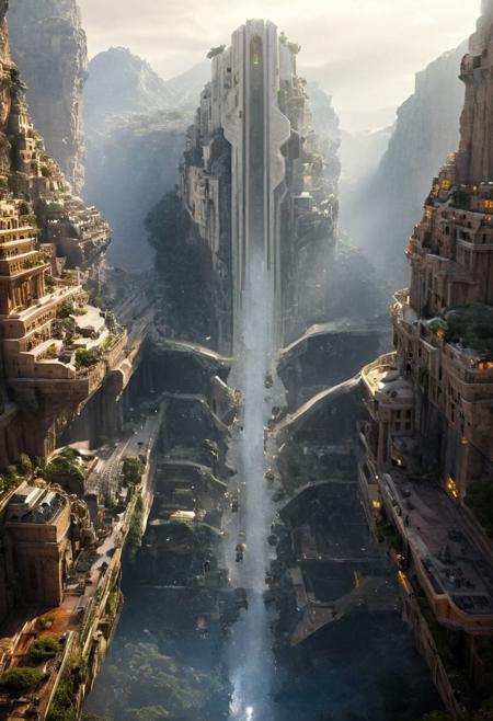 POV view , DOF,
(Ancient civilization, Alien Prometheus movie scene, dune movie scene:1.5), (The colonial city of the future, in the mist-filled Grand Canyon, on an unknown Earth-like planet, 2 moon on sky, Spaceship flight connects colonies, waterfulls:1.3), (Machu Picchu, a mountain settlement, incredibly spectacular:1.2), (Mario Botta:1.3), (avant-garde, future, reality, science fiction, photorealistic), (modern architecture:1.2), White limestone with black granite, fountain, waterfall, landmark, square, path, narrow street,
(Large Files, Ultra Realistic, 8K, 16k, FHD, HD, VFX, Perfect, Photography, composition, Architecture Sales Photography, Architecture Competition, Ultra High Resolution, Cinematography, High Resolution Image:1.1), (dramatic lighting, direct sunlight, ray tracing, clear shadow:1.2),  (real landscape:1.1), (blurred background:1.0), (urban background, more_details) ,
great lighting, clear, hillscastel, <stardeaf-cold-arc>, xtower, industrialbuilding