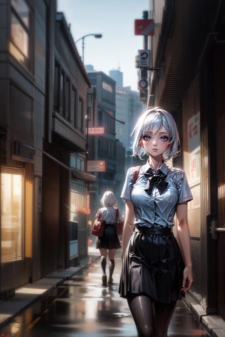 1girl, white hair, in school uniform, walking to school, in an urban area, resident buildings, cars, beautiful, (RAW photo, best quality), (Masterpiece), 8k, best quality, ultra-detailed, cinematic lighting,,  <lora:more_details:0.5>