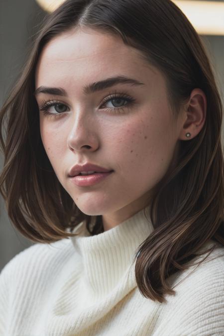 futuramadison9775v5, Portrait of pretty young (18-year-old) Caucasian wearing a ((high neck sweater))<lora:epi_noiseoffset2:1> BREAK , BREAK (masterpiece, extremely detailed skin, photorealistic, heavy shadow, dramatic and cinematic lighting, key light, fill light), sharp focus, BREAK epicrealism