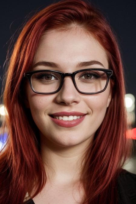 score_9, score_8_up, score_7_up, score_6_up, beautiful 19 year old girl, red hair, black thick frame glasses, neon lights, nighttime, dusk, smiling, ultra realistic, big lips, (masterpiece, best quality, highres:1.2), (photorealistic:1.2),