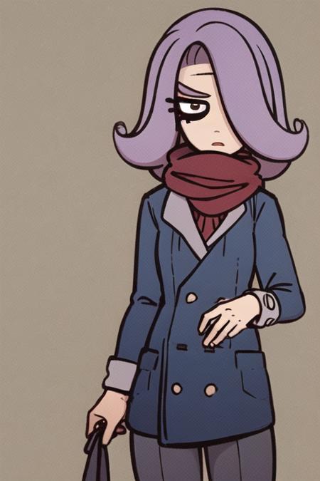 vera_ongezellig, medium length hair, hair over one eye, red scarf, coat, purple hair 