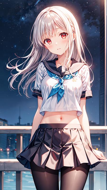 masterpiece,best quality,highres,illustration,hyper detailed,8k cg wallpaper,ray tracing,((white hair:1.2)),long hair,red eyes,straight hair,medium breasts,sailor collar,white shirt,short sleeves,pleated skirt,midriff,navel,black pantyhose,starry sky,<lora:å¢å ç´°ç¯>,(hiten1:0.8),standing,outdoors,arms at sides,