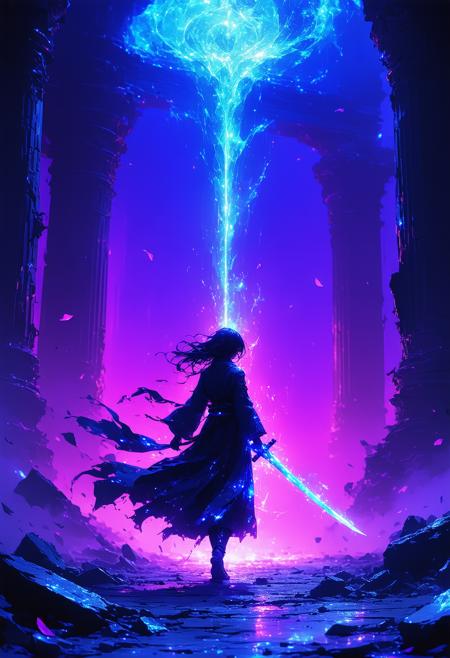 Medium close-up, Dutch angle: Rukia strides through a shattered neon-lit shrine, Sode no Shirayuki trailing comet-like ice particles. Her obsidian shihakushō glitches with holographic frost, fractal patterns reacting to her heartbeat. Studio Khara’s cinematic dynamism meets Katsuya Terada’s ink-wash textures—arctic cobalt and void-black bleed into neon magenta. Bioluminescent sakura petals orbit her, disintegrating where her aura flares. Mood: elegant apocalypse. Subzero breath crystallizes into circuit-board patterns; her shadow morphs into a snarling ice dragon. Backlighting fractures through her blade, casting prismatic glyphs on crumbling stone.