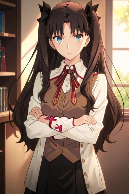 best quality, masterpiece, highres, solo, {tohsaka_rin_fatestaynightufotable:1.15}, long_hair, black_hair, ribbon, two_side_up, hair_ribbon, blue_eyes, brown_hair, 1girl, homurahara_academy_school_uniform, school_uniform, looking_at_viewer, anime_coloring