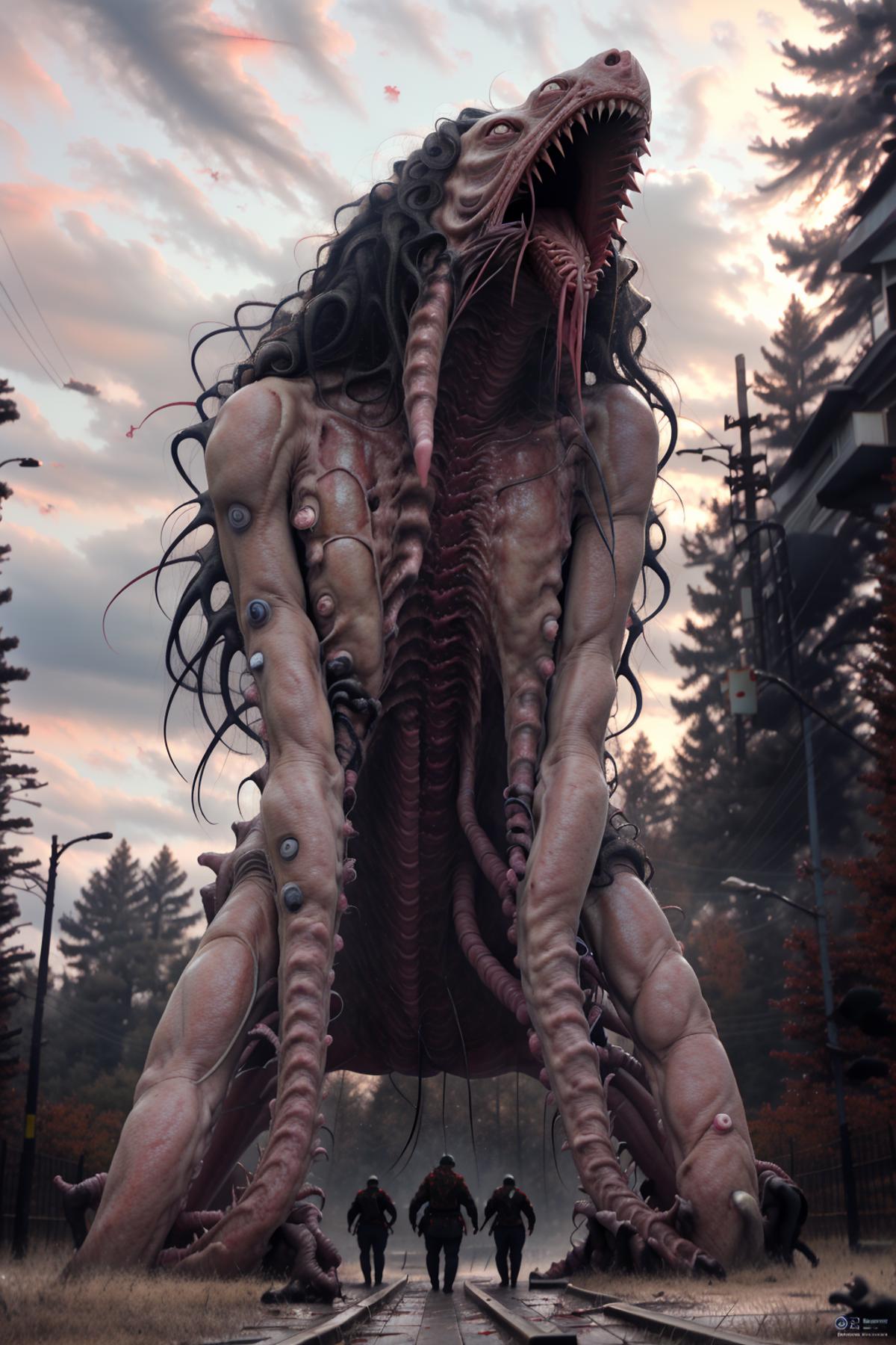 A grotesque creature with multiple tentacles and a large mouth stands in front of trees.