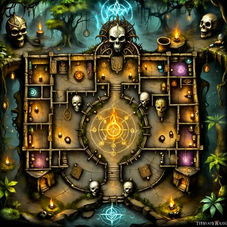 masterpiece, high quality, BREAK top-down view, large map, Table, Interior, Dungeon, Map, Floor Plan, indoors, distinct pathways, doors, entrances, exits, ramps, stairs, voodoo magic, dark ritual, swamp, eerie atmosphere, glowing candles, tribal masks, bone decorations, cursed symbols, wooden huts, hanging skulls, misty air, shadowy figures, ancient totems, ritual circle, flickering torches, overgrown trees, murky water, twisted vines, sacred ground, dark magic, enchanted forest, eerie fog, ceremonial altar, shamanic symbols, runic carvings, creepy dolls, bubbling cauldrons, fetishes, haunted, thick vegetation, ritualistic objects, mysterious energy, glowing sigils, deep shadows, <lora:DD_Table_RPG:0.5>, <lora:SDXLFaeTastic2400:1>, <lora:JJsFloorPlan_XL:1> <lora:ral-vudu-sdxl:0.5> ral-vudu