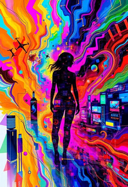 Abstract drawing, the woman's silhouette barely perceptible, soft ghostly outline dissolving into the background, a stunning explosion of colors—vivid oranges, azure blues, hot pinks, neon purples, and electric greens swirl and flow like liquid, merging in chaotic yet harmonious waves. Futuristic elements emerge—floating geometric shards, neon circuitry spiraling in and out of focus, holographic patterns shifting, glowing abstract symbols flickering. The silhouette hints at a figure, abstract lines suggesting arms and a face, but it’s fragmented, almost dissolving. Neon streaks of light burst from the silhouette, merging into a fractal network of wires and glitching data streams. Fragmented cityscapes and neon billboards peek through the chaos, distorted and bending like reflections in a rippling surface. Floating orbs, futuristic drones, and holographic dragon shapes twist through the vibrant scene, dissolving into waves of energy. Psychedelic layers pulse with brightness, creating depth. The entire scene radiates energy, dreamlike and disorienting, an abstract fusion of digital beauty and chaos.