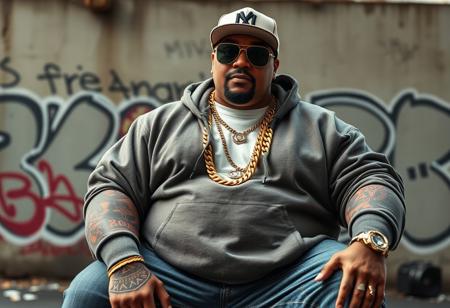 Create a highly detailed, realistic photographic image of a big, heavyset rapper with a bold hip-hop style, inspired by Snoop Dogg and 50 Cent. The rapper wears large gold chains with diamond accents, oversized sunglasses, and a fitted cap turned slightly to the side. His outfit includes a baggy hoodie, jeans, and classic sneakers, with detailed tattoos visible on his forearms. His expression is cool and confident, capturing classic hip-hop swagger. The background features a graffiti-covered wall and urban cityscape, emphasizing a gritty street vibe.