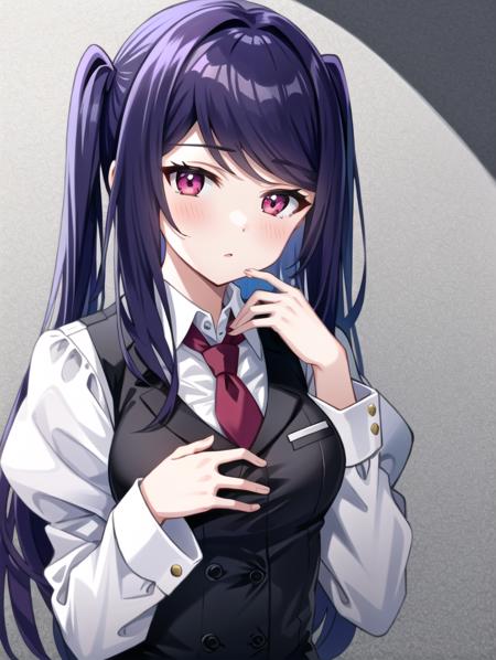 1girl, solo, bangs, blush, hand on own chest, jill stingray, long sleeves, looking at viewer, purple hair, medium breasts, necktie, shirt, solo, upper body, vest,  <lora:Jill_Stingray-02:1>, bartender, vest, white shirt,