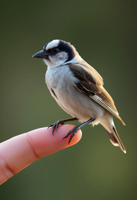 a photorealistic image of java sparrow on human's finger, from side, 4K,hires, absurdres,