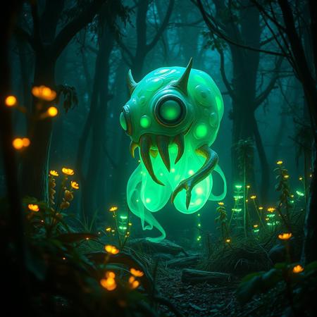 weird fluorescent blob creature in magical forest with fireflies, fluorescent plants, otherworldly. masterpiece, best quality, high quality, high-res, ultra-detailed, best quality, 8K, high resolution, extreme detail, photography, Hyper-realistic, many details, extreme detailed, full of details, monster, creature, highly detailed, moody, epic, gorgeous, film grain, grainy