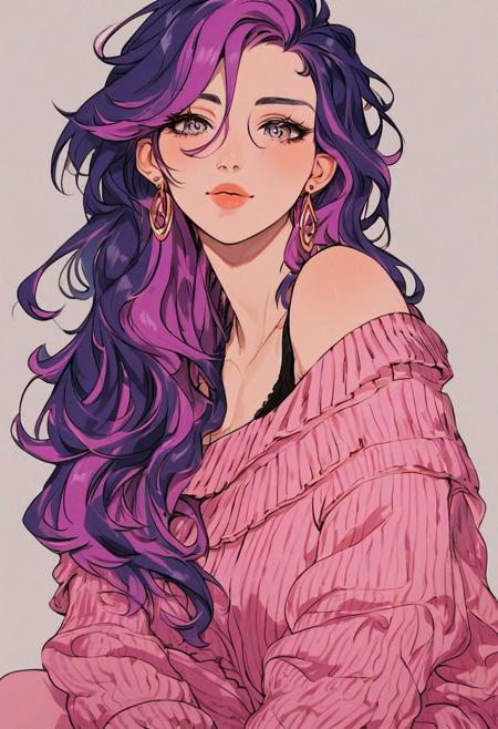 score_9, score_8_up, score_7_up, score_6_up, score_5_up, score_4_up, rating_safe, source_anime (ultra-high-quality), 90s4n1m3
a beautiful girl, sitting on couch, wearing a sweater, off-shoulder, (portrait), perfect eyes, purple hair, pompadour, highlights in eyes, perfect skin, earrings,
harsh lighting, rim lighting,
digital art,