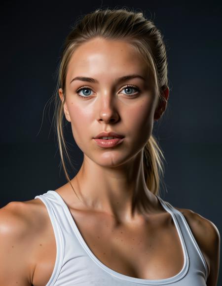 A photo realistic shoot from a profile camera angle about a young woman in a white tank top and gray shorts, posing against a dark, textured background. the image also shows soft lighting and high quality. on the middle of the image, a 20 years old woman with light skin appears to be standing, looking directly at the camera with a neutral expression. she has long blonde hair tied in a ponytail, and her blue eyes are looking straight at the viewer. her slender physique is accentuated by the tank top, which is sleeveless and has a scoop neckline. she is wearing gray shorts and her bare shoulders are visible. her expression is neutral, and she has a slight blush on her cheeks.