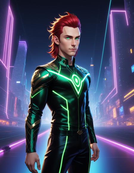 nvinkpunk, (masterpiece, best quality, ultra-detailed, highres, best illustration), 1boy, solo, male focus, (norse god loki), two tone hair, red hair, green hair, short hair, heterochromia, purple eyes , side lighting, lustrous skin, ray tracing, tshirt, pants, detailed hair, detailed face, depth_of_field, very detailed background, extreme light and shadow, (detailed eyes), perfect anatomy, Floating, dynamic angle, wide shot, full body, city scape, extreme light and shadow, night sky, outrun, electric light wires, neon outlines, illustrated