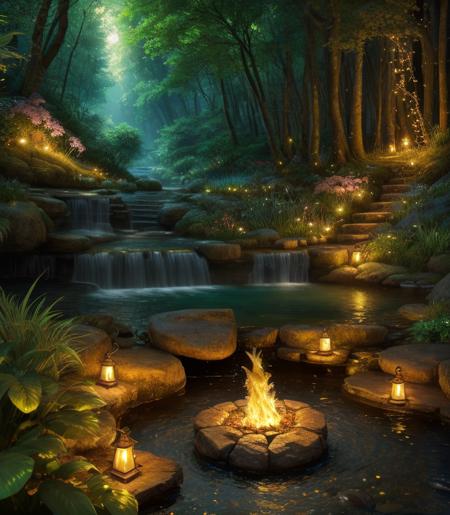 Masterpiece, best quality, (very detailed CG unity 8k wallpaper), (best quality), (best illustration), (best shadows), glow sprite, with a glowing deer, in the swimming pool Drinking water, natural elements in the forest theme. Mysterious forest, beautiful forest, nature, surrounded by flowers, delicate leaves and branches surrounded by fireflies (natural elements), (jungle theme), (leaves), (twigs), (fireflies)