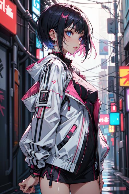 best quality, cyber sttyle girl, 1girl, solo, short hair, blurry background, <lora:cyber_style_girl_v1:0.6> ,<lora:more_details:0.3>