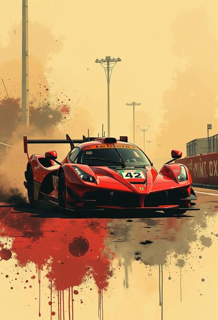nistyle, Inkplash art on rice paper, sepia, henna , Silhouette Art, magnificent, inksplash poster art, Ferrari hypercar Le Man car, number "42", abstract background, dynamic image, dust
