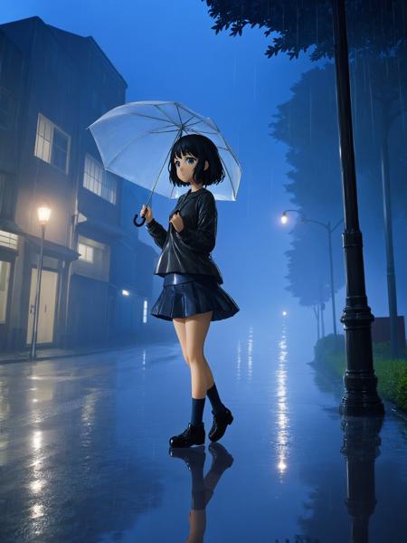 pvc,1girl, rain, skirt, black hair, outdoors, scenery, short hair, reflection, solo, tree, night, lamppost, building, standing, long sleeves, black footwear, street, road, socks, umbrella