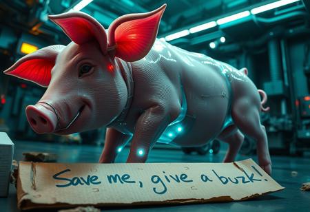 “Plastic Man morphing into a pig, blending human and animal features with intricate high-technology details. His body exhibits glossy, translucent plastic textures merging seamlessly with the pink, textured skin of a pig, complete with lifelike details such as ears, a snout, and a curly tail. Random, glowing, fancy spots illuminate the scene, resembling futuristic bio-luminescence. A rotten piece of cardboard lies in the foreground, damp and crumpled, with bold, messy handwriting that reads: ‘Save me, give me buzz!’ The setting is an abstract, high-tech environment, filled with mechanical and organic elements. Rendered with cinematic prime lens effects, using a fisheye 12mm perspective for dramatic distortion and dynamic depth, showcasing surrealism with stunning visual clarity.”