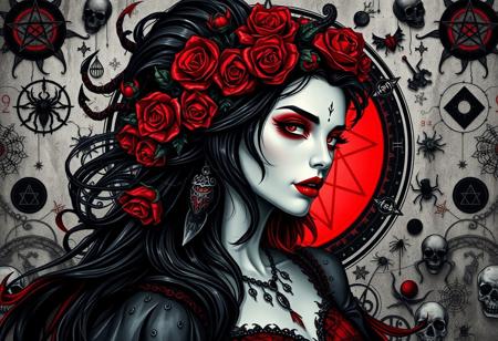 Create a gothic, vampire sorceress with a strikingly pale face, bold red eyeshadow, and blood-red lips. Her flowing, dark hair is interwoven with red roses, occult symbols, and spider webs, forming an elaborate headdress. Surround her with a chaotic backdrop of arcane symbols, skulls, and ritualistic markings, all painted in black, white, and red. A glowing circular sigil hovers behind her, casting an eerie red light. The scene should blend dark elegance with a sense of mystical power and gothic beauty.
