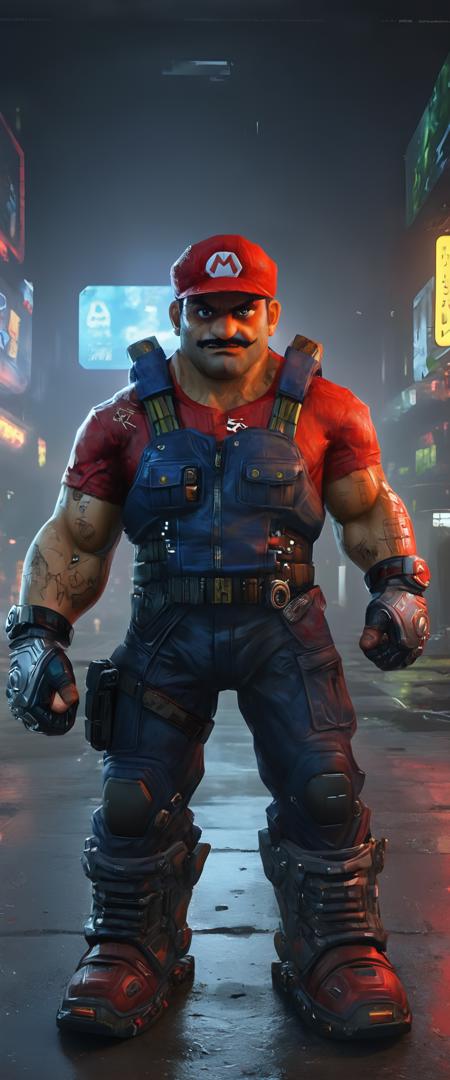 (cyberpunk style), ((photo portrait of super mario in real life with red mario hat)), ((real mario)), (red mario hat), 1man, (super mario), full body shot, cyberpunk clothing, male focus, cyberpunk, cyberpunk background, (extremely detailed cyberpunk background), extremely detailed background, extremely detailed super mario face, cyberpunk body modification, cyberpunk 2077 body modification, (neon city background), cyberpunk suit, robot, science fiction, solo, full body, wires and cables, sharp focus, natural lighting, cyberpunk reimagined, neon lights, action pose, colorful, bright colors, science fiction, a dystopian cyberpunk city, neon, cyberpunk 2077, (cyberpunk 2077 cityscape), art by Masamune Shirow,masterpiece, best quality, official art, extremely detailed CG unity 8k wallpaper, detailed background, best quality, expressive eyes, perfect face, perfect eyes, perfect anatomy, extremely detailed eyes and face, looking at viewer, detailed background, detailed clothes, cinematic lighting, beautiful 8k, masterpiece, best quality, high quality, hdr, photography by cosmicwonder, high definition, symmetrical face, volumetric lighting, 24mm, 4k, DSLR, high quality, ultra realistic,
