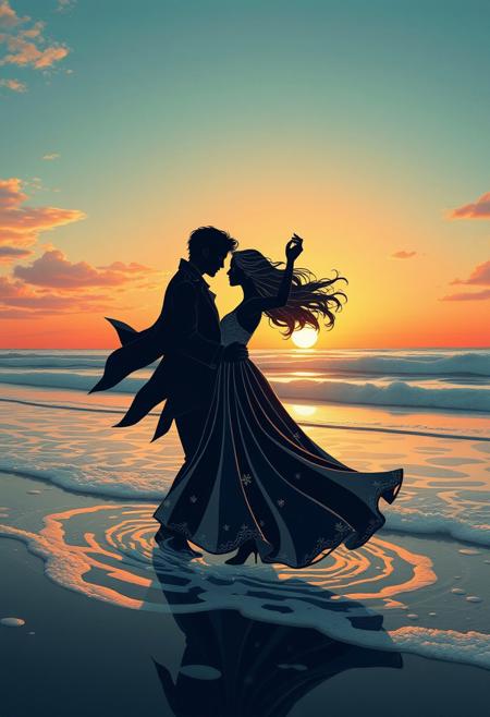 A couple dances in the surf at dusk, the woman’s dress echoing Watteau’s delicate folds, while the man’s trench coat flaps in the wind., fairy tale illustration, whimsical storytelling, delicate linework, dreamlike atmosphere, magical realism, intricate papercuts, vintage aesthetic, soft color palettes, ethereal lighting, nostalgic charm, folkloric themes, imaginative characters, timeless storytelling, Nordic inspiration