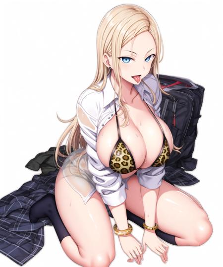 1girl, aiue oka, animal print, bikini, black socks, blonde hair, blue eyes, bow, bowtie, bracelet, cleavage, clothes pull, earrings, jewelry, kneehighs, kneeling, large breasts, leopard print, long hair, looking at viewer, open clothes, open mouth, open shirt, pleated skirt, school uniform, see-through, seiza, shirt, sitting, skirt, skirt removed, socks, solo, swimsuit, thighs, tongue, tongue out, wet, wet clothes, white background