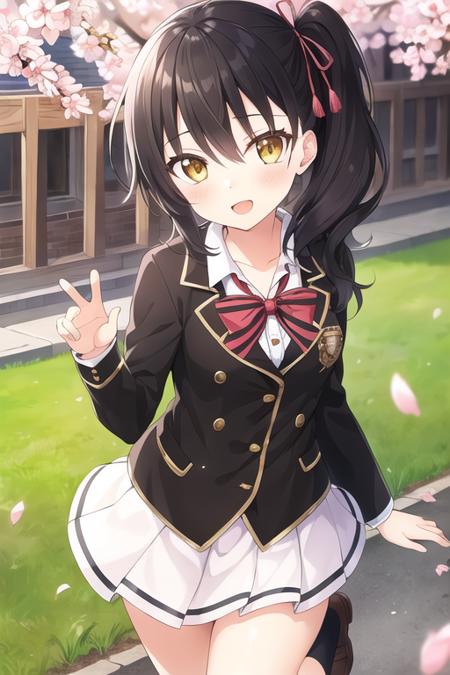 masterpiece, best quality,1girl,solo, komai hasuki,black hair,side ponytail,yellow eyes,hair ribbon,school uniform,black jacket,miniskirt,white skirt,pleated skirt,striped bowtie,black socks,<lora:hasuki:0.6>,outdoors, dynamic pose,lens flare, 
