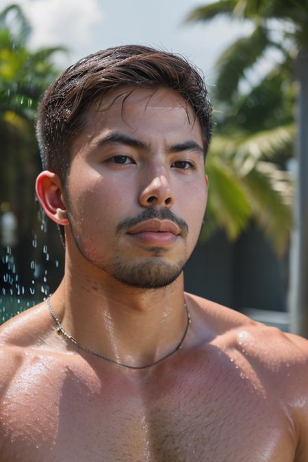 portrait of man, mature, barechest, man, wet, biceps. high quality, dynamic angle, masterpiece, chest , oily <lora:tony_labrusca_v11:2>, light behind the camera, tony labrusca,