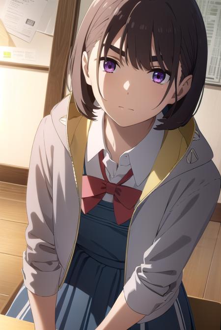 aoiaioi, <lora:aoi aioi movie-lora-nochekaiser:1>,
aoi aioi, short hair, black hair, red eyes, purple eyes,
BREAK shirt, dress, bow, school uniform, jacket, white shirt, collared shirt, hood, bowtie, red bow, red bowtie,
BREAK indoors, classroom,
BREAK looking at viewer, (cowboy shot:1.5),
BREAK <lyco:GoodHands-beta2:1>, (masterpiece:1.2), best quality, high resolution, unity 8k wallpaper, (illustration:0.8), (beautiful detailed eyes:1.6), extremely detailed face, perfect lighting, extremely detailed CG, (perfect hands, perfect anatomy),