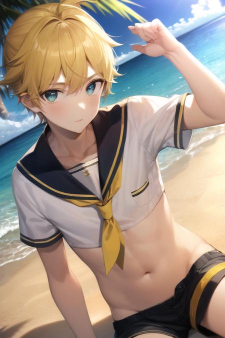 masterpiece, best quality, <lora:KagamineLenV1:0.6>, 1boy, sailor_collar, Kagamine_Len, yellow hair, (8k:0.7), (detailed Background of a beach:0.7), palm tree, sand