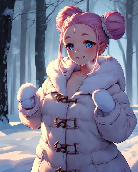 <lora:e7 Choux:1> e7 Choux, pink hair, two hair buns, (comb over hair, clear forehead), plump cheeks, oversized white fur coat, white mittens, smiling,
(naked under the coat, nsfw, flat chest),
playing in the snow, snow falling, outdoors, snowy woods,
(masterpiece),  best quality, highres, 4k, 8k, Detailed Illustration, intricate detail, cinematic lighting, amazing quality, 1girl, fit female, amazing shading, soft lighting, facing camera, perfect eyes