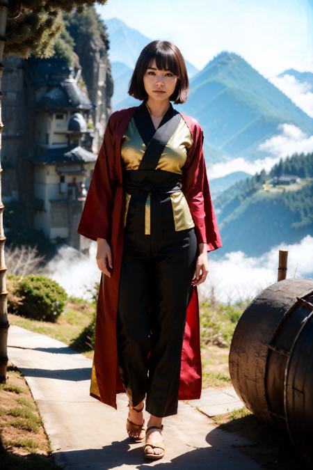 1girl, fullbody, (beautiful:1.1 cute:1.2 serious:1.1 girl:1.2 face), standing, slim, (bamboo trees), kabuto, red samurai armor, misty air, strong sunlight, mossy path, mountain village, huge weapon, mountain top scenery, full length robes, pants, shoes, photorealistic, portrait 