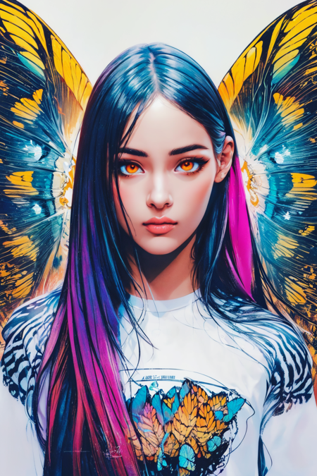 Ambilight, masterpiece, ultra-high quality,( ultra detailed original illustration), Portrait of a beautiful Girl, Upper body, ((Cute Fashion)), (Tiger Eyes:1.5, Double exposure, fussion of fluid abstract art, Glitch, 2D),( original illustration composition),( fusion of limited color, Fractal Geometric, butterflies, Comic art) <lora:Minijisn-03:1>