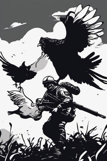 <lora:PE_HighContrastStyleV1:0.8> PEHighContrast,Simple Background, high Contrast, Illustration,Black and White,
Soldier fighting against giant chicken