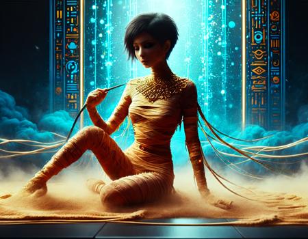 (((anime style illustration))) of a beautiful dance (full body) mummy with (black|red|blue) short hair, mummy mask, circle of flame in the background,fancy t-shirt,Sleepless madona sitting on her bedroom bed in the morning sun, tousled hairstyle, , cybernetics decorations, full body, (looking at camera:1.5), red md glow amd neon and green amd yellow short hair, white fancy outfit, cyberpunk game room, (filmic:1.6) . 35mm photograph, film, bokeh, professional, 8k, intricate, epic, crystal view