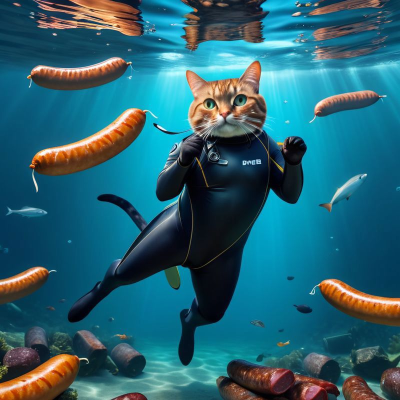 A cat in a wetsuit and diving helmet surrounded by hot dogs.