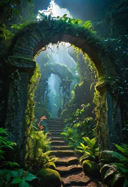 ancient stone archway, portal, rainforest, overgrown vines, swirling nebulae, alien landscape, starlight, bioluminescent plants, ethereal, mysterious