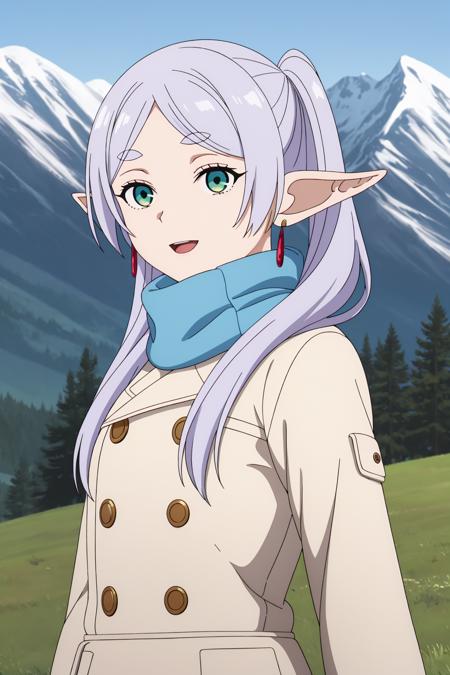 ((best quality)),((highly detailed)),masterpiece,absurdres,detailed face,beautiful face,(detailed eyes, deep eyes),1girl((dynamic pose)),  <lora:FrierenV1:0.7>, Frieren, pointy ears, solo, scarf, blue scarf, twintails, green eyes, outdoors, earrings, jewelry, long hair, open mouth, white hair, smile, upper body, elf, looking at viewer, buttons, coat, bangs, parted bangs, day, thick eyebrows, mountain background, white coat, winter clothes, snow, sidelocks, short eyebrows, grass, jacket, nature