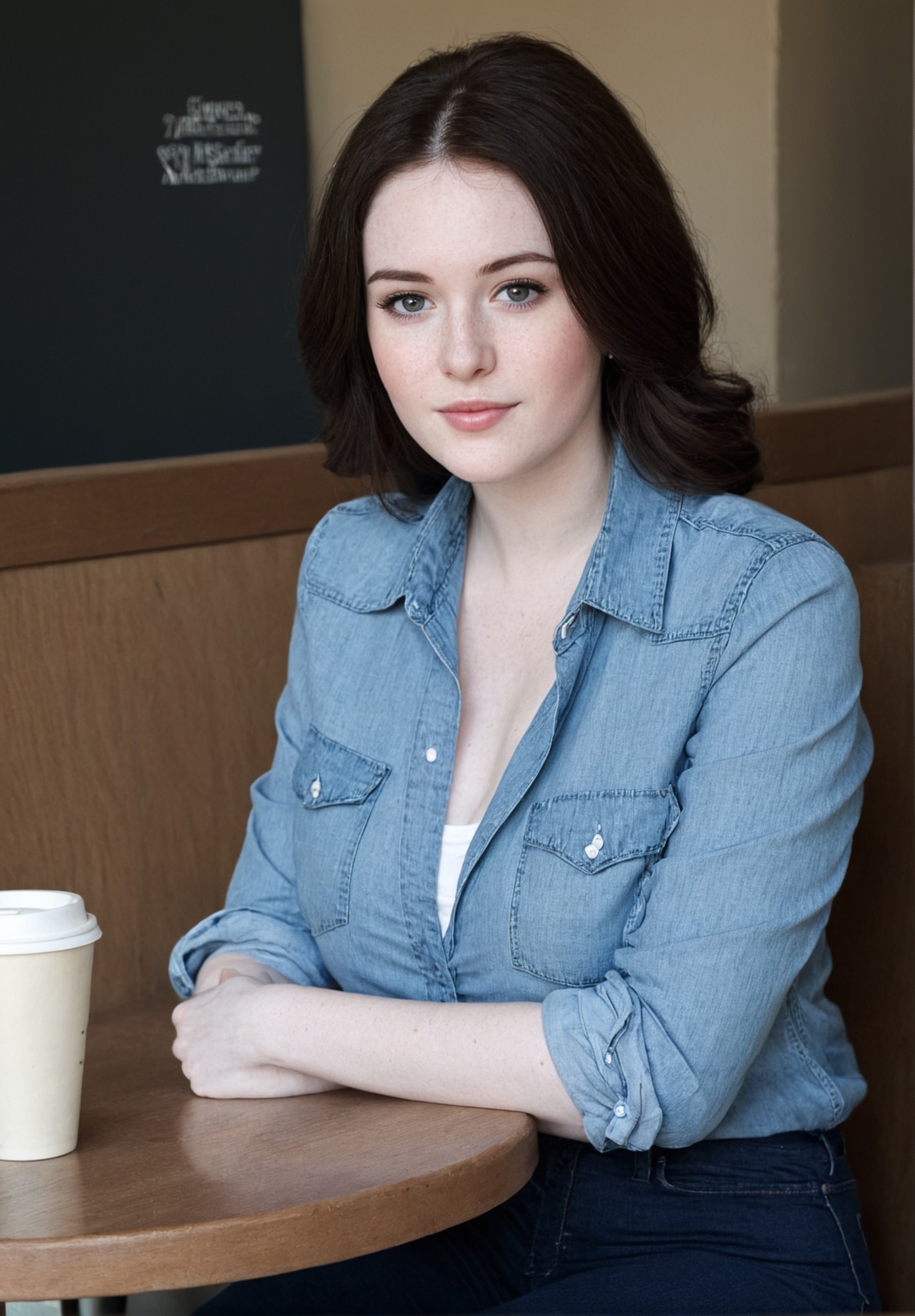 pale, pale skin, (freckles:0.4), woman sitting in a cafe,  jeans and shirt, large breasts, slim, young woman, early 20s, d...