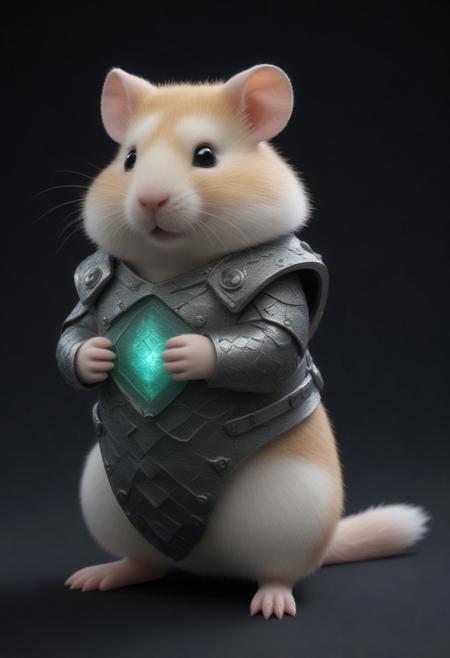 animal, armored hamster, intricate scales, novuschroma54 style armor plating, glowing gemstone embedded in bracer, slit pupils, futuristic design, green energy accents, reinforced metallic structure, detailed textures, high-tech aesthetic, cinematic lighting, dynamic pose, fantasy cybernetic fusion
