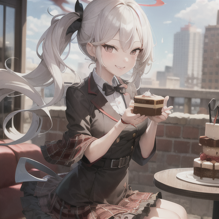 masterpiece, best quality, highres, 1girl, mutsuki, bangs, side ponytail, red skirt, black jacket, plaid skirt, halo, smile, coffee shop, eating cake, <lora:blue_archive_mutsuki-v1:0.6>