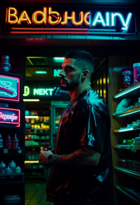 Neon noir badbunny a man working in a store,  <lora:badbunny:0.5>  . Cyberpunk, dark, rainy streets, neon signs, high contrast, low light, vibrant, highly detailed