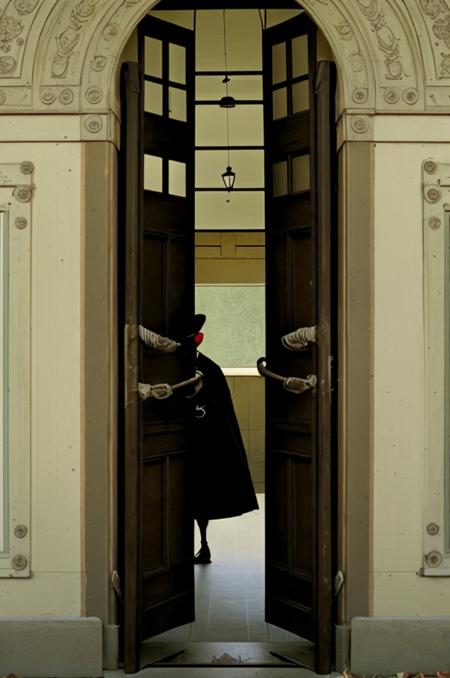 a man in a tie standing in a doorway , solo, long sleeves, 1boy, hat, male focus, door, dark