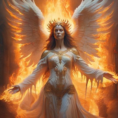 monster, captivating design, spirit man ascend from body, The spirit being's arms are spread out, white body, beaming light on her  body, At the end of each arm, there are flames of fire. Above the fire, there is an outline of an angel with wings and a sword in its hand, very detail