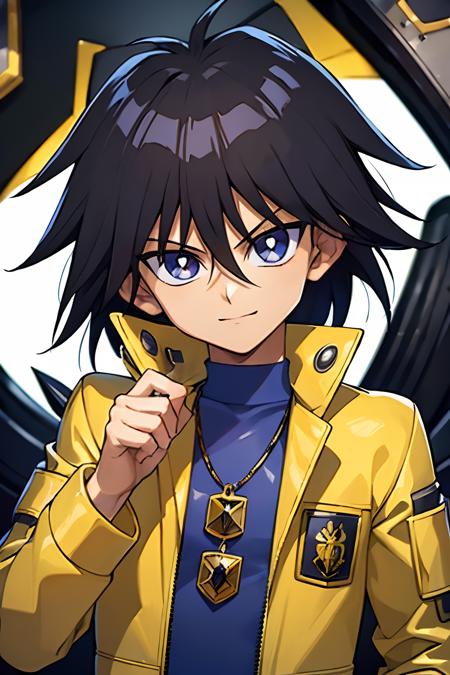 (masterpiece, best quality, ultra-detailed), 1boy, black hair, yellow jacket, (portrait shot), looking at viewer, Mokuba Kaiba, city