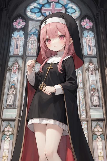 cute girl, nun cloak, holding small sacred cross amulet, noble pink hair, beautiful detailed ash pink eyes, holy cathedral, beautiful stained glass behind, solemn atmosphere, flat breast, gentle smile,